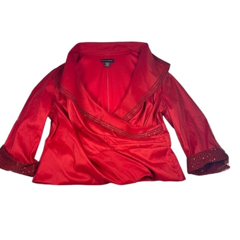 Cachet Red Satin‎ Beaded Collar Jacket 22W Evening Holiday Party Dressy Top
